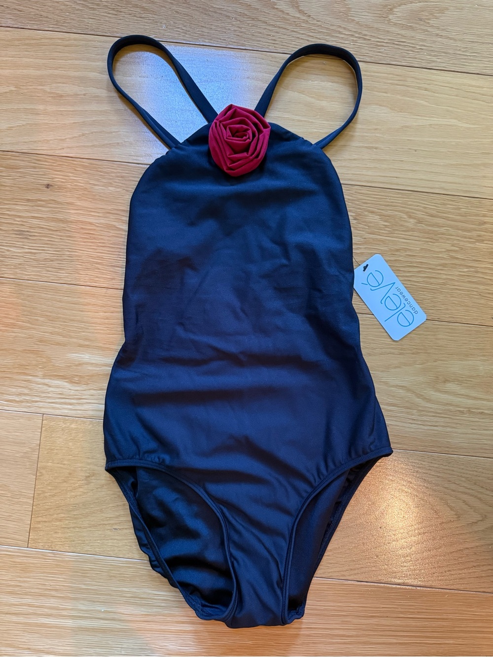 NWT Eleve Dancewear Rosette Black Halter Cross Back Leotard - Size Small